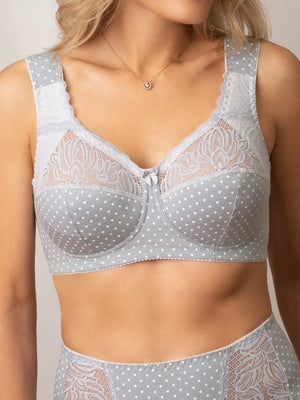 Wireless Cotton Support Bra with wide straps 1101/C - Grey with dots (80-105 B-G)