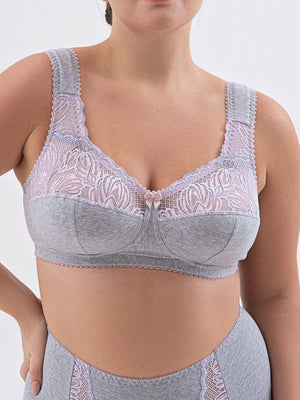 Sustainable Extra Support Unpadded Wireless Cotton Comfort Bra - 1104/C Grey with lotus, 75-125 C-L