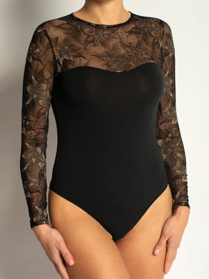 Боди из натурального хлопка с длинным рукавом - 9107, Черный с золотом, 38-46