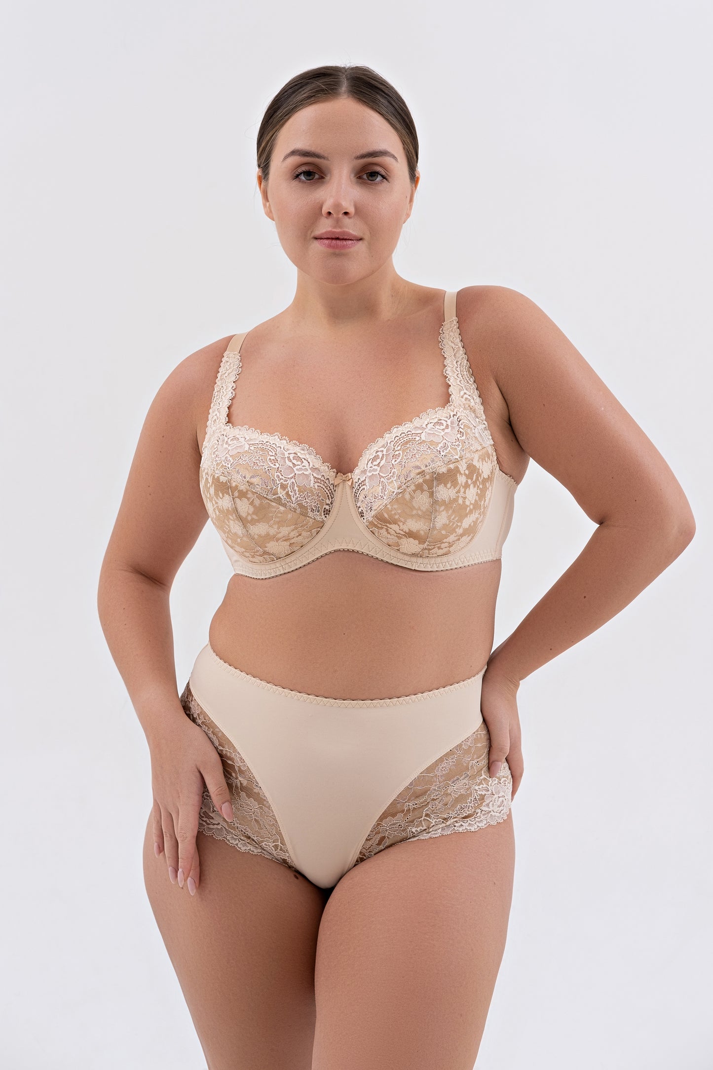 Комфортные трусы с высокой линией талии - 2937, Бежевые с темным кружевом, 40-52
