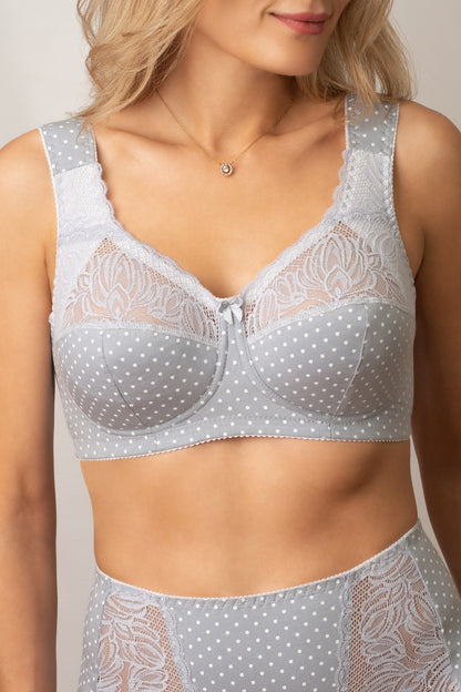 Wireless Cotton Support Bra with wide straps 1101/C - Grey with dots (80-105 B-G)
