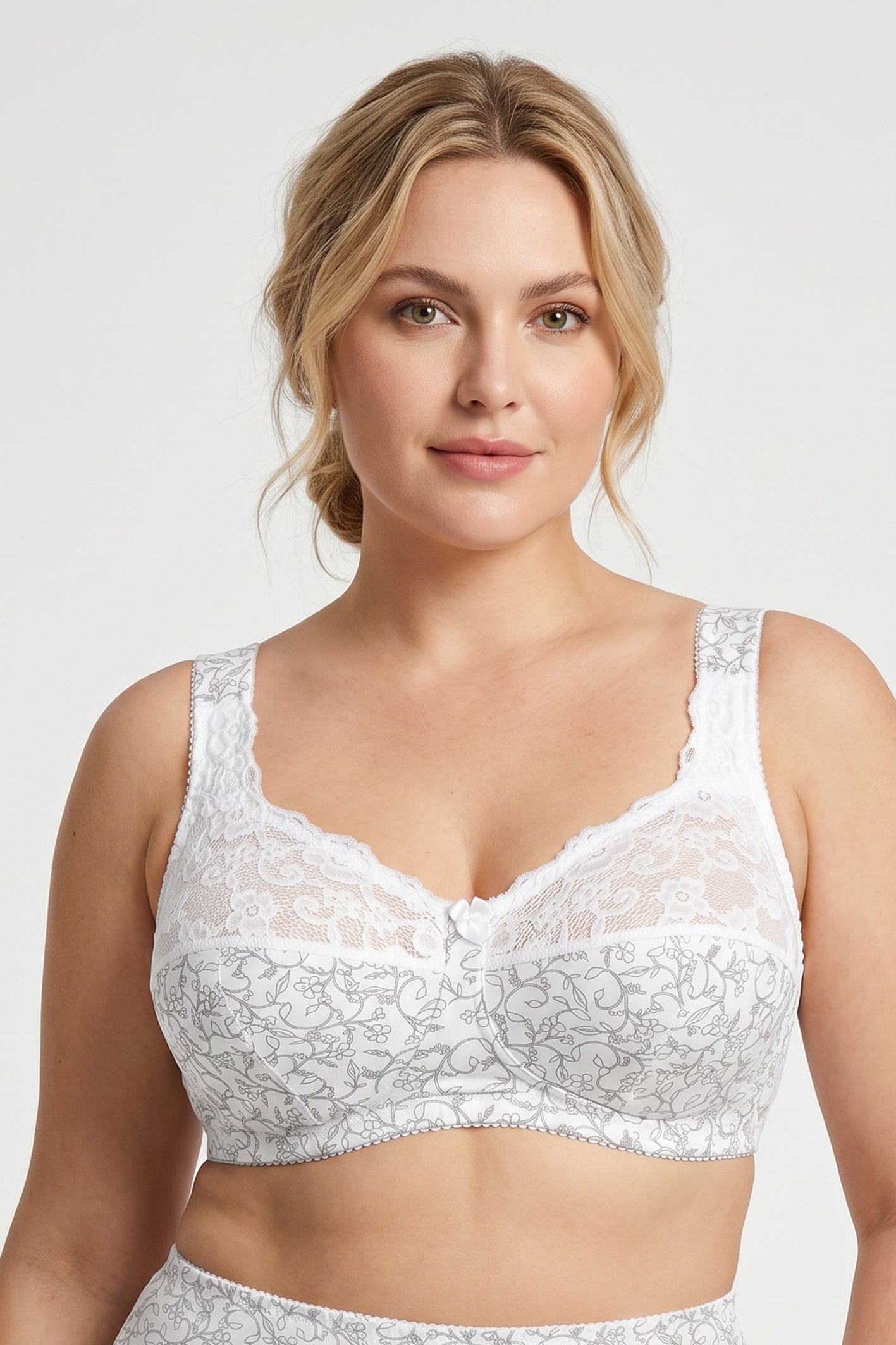 Extra Support Unpadded Wireless Cotton Comfort Bra 1104/C - White with grey (75-120 C-K)