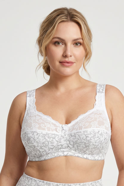 Extra Support Unpadded Wireless Cotton Comfort Bra 1104/C - White with grey (75-120 C-K)