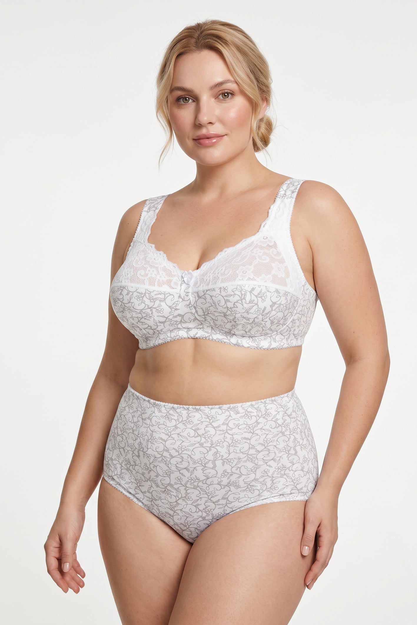 Extra Support Unpadded Wireless Cotton Comfort Bra 1104/C - White with grey (75-120 C-K)