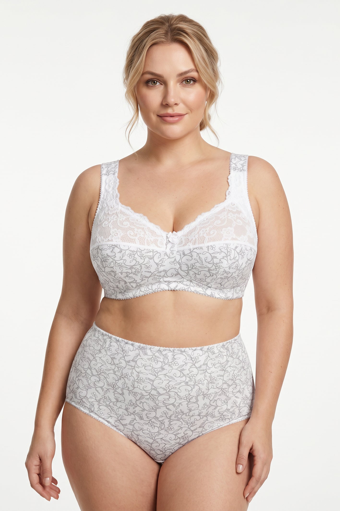 Extra Support Unpadded Wireless Cotton Comfort Bra 1104/C - White with grey (75-120 C-K)