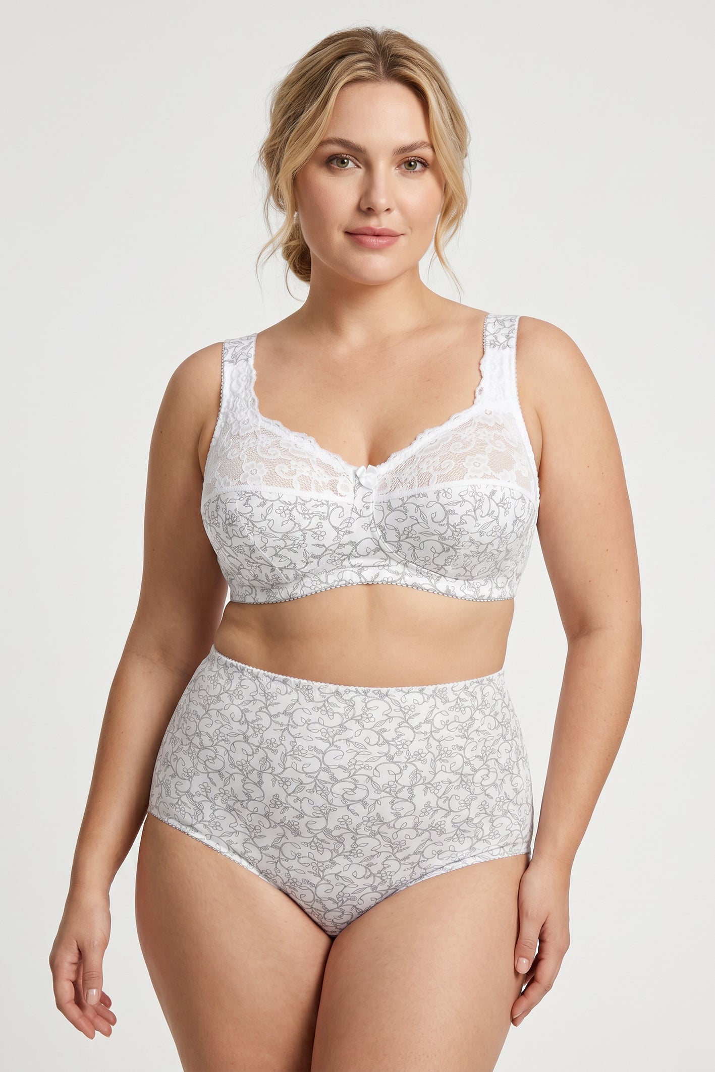 Extra Support Unpadded Wireless Cotton Comfort Bra 1104/C - White with grey (75-120 C-K)