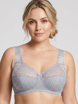 Wireless Cotton Support Bra with wide straps 1101/C - Grey with dots (80-105 B-G)