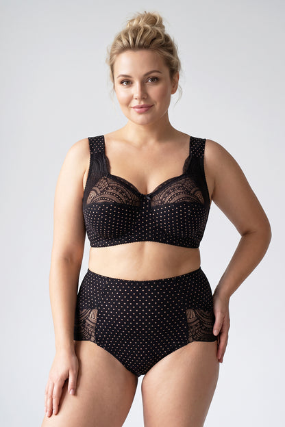 Wireless Cotton Support Bra with wide straps 1101/C - Black with lotus dots (80-105 B-G)