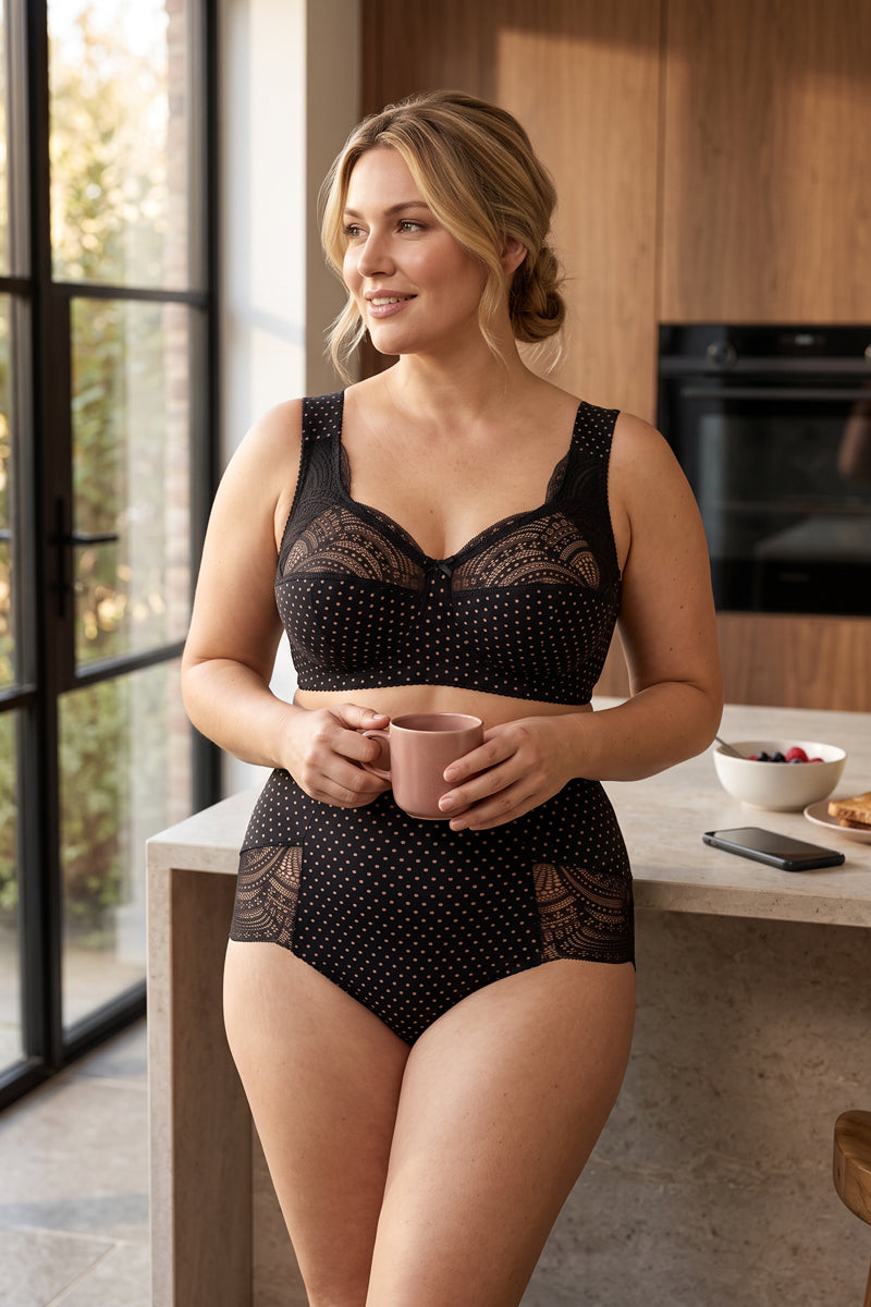 Wireless Cotton Support Bra with wide straps 1101/C - Black with lotus dots (80-105 B-G)