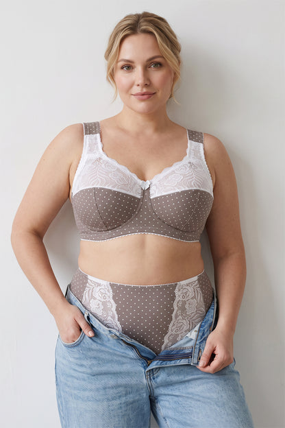 Extra Support Unpadded Wireless Cotton Comfort Bra 1104/C - Coffee with dots (80-120 B-M)