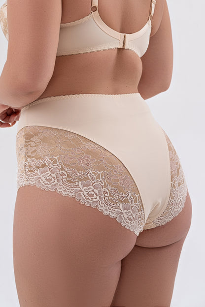 Комфортные трусы с высокой линией талии - 2937, Бежевые с темным кружевом, 40-52