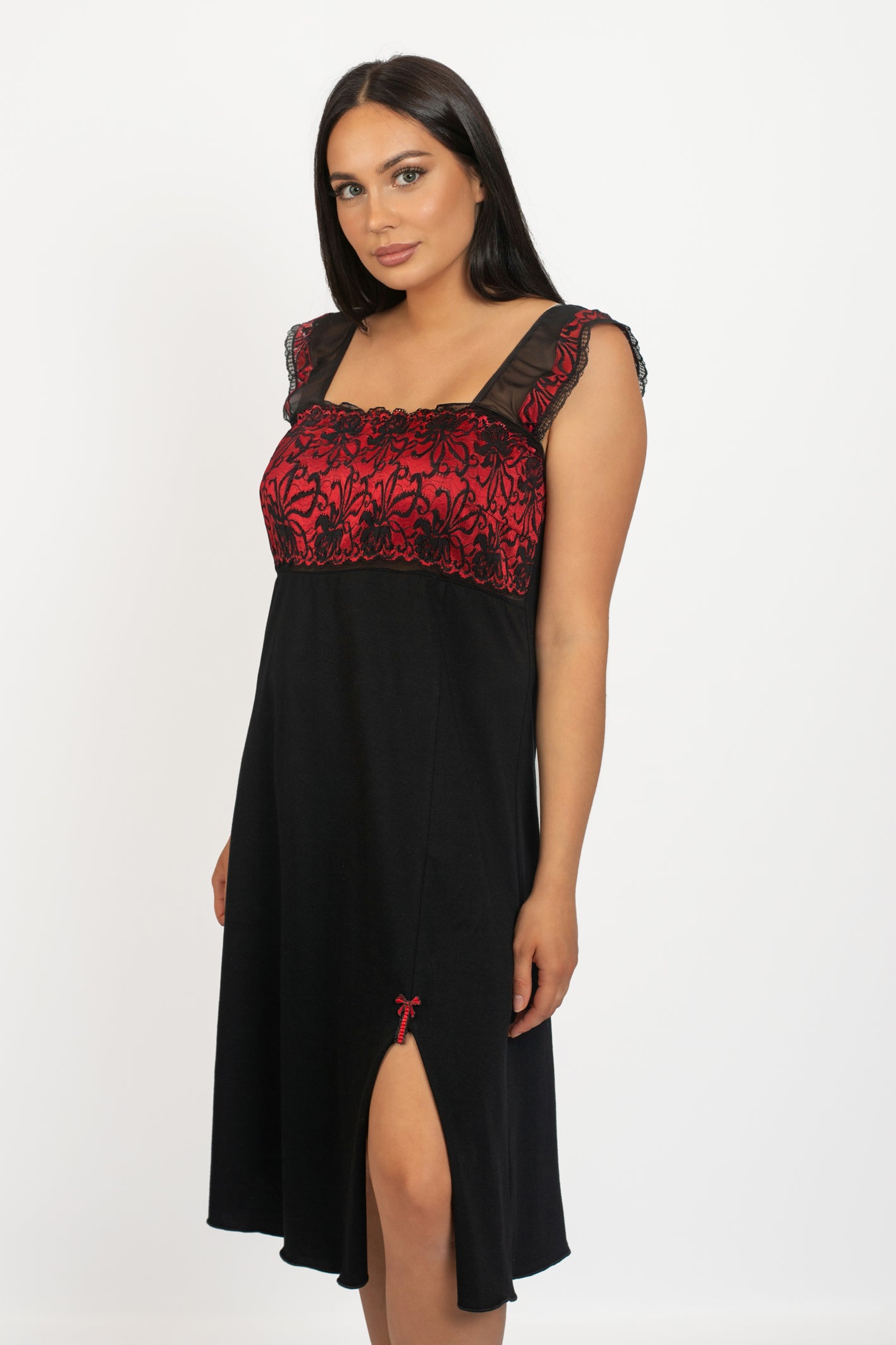 Cotton Comfort Midi Nightdress - 5811 Black with red, 42-54