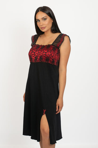 Cotton Comfort Midi Nightdress - 5811 Black with red, 42-54