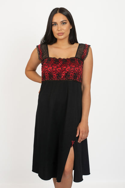 Cotton Comfort Midi Nightdress - 5811 Black with red, 42-54
