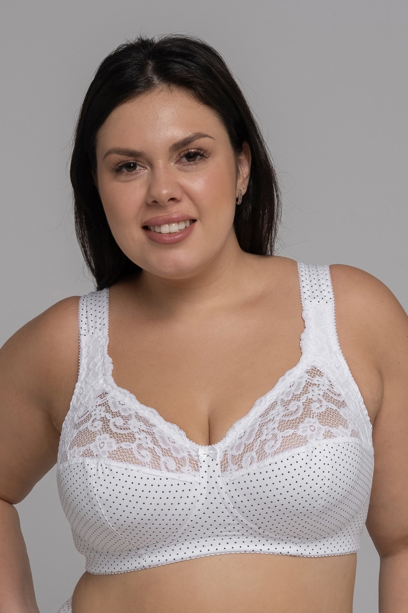 Wireless Cotton Support Bra with wide straps 1101/C - White with dots (75-105 B-G)